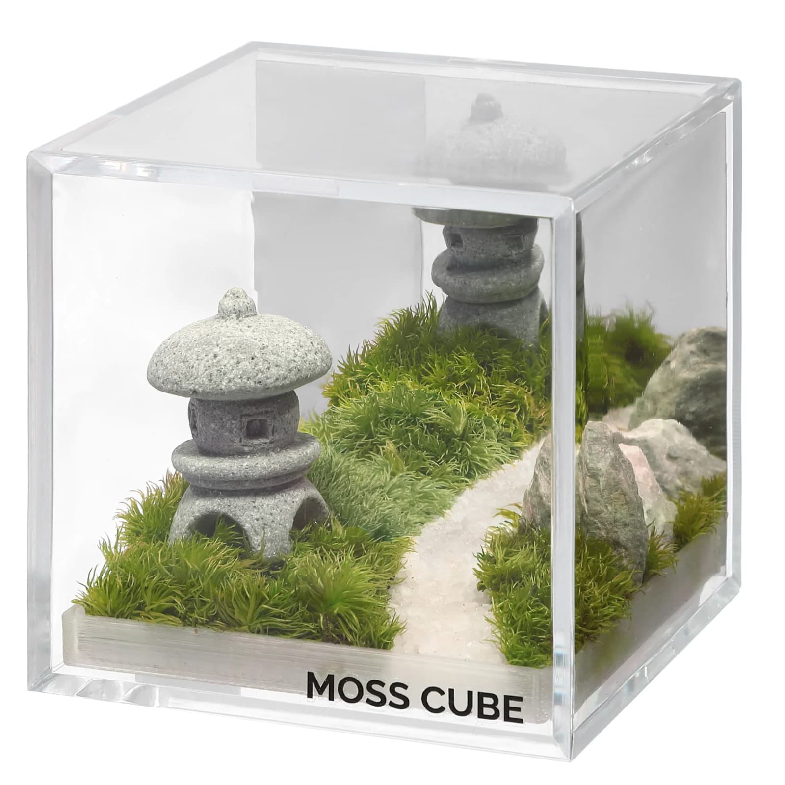 プリザーブドモスと石灯籠、小道を配置したMOSS CUBE Preserved